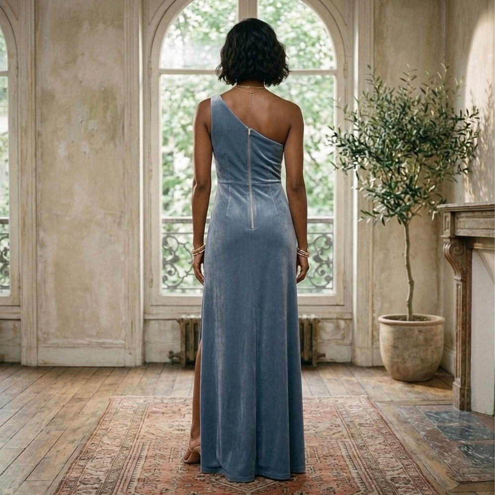 Jenny Yoo Cybill One Shoulder Gown | Chambray Bluestone Velvet | Size 4 - Picture 2 of 16